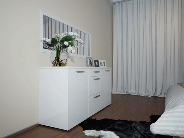Дизайн интерьера спальни с комбинированными обоями и плотными светлыми шторами