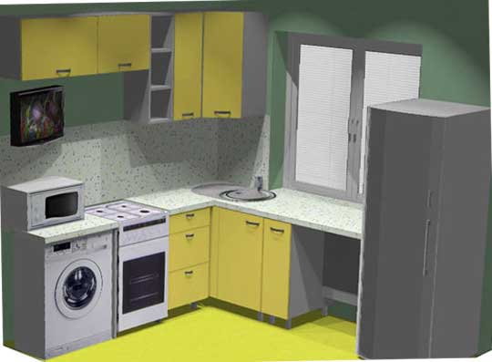 Варианты планировки кухни 6 метров с холодильником и стиральной машиной