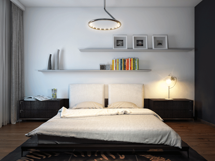 Дизайн маленькой спальни 13, 14 кв.м. с комбинированными обоями для молодой пары