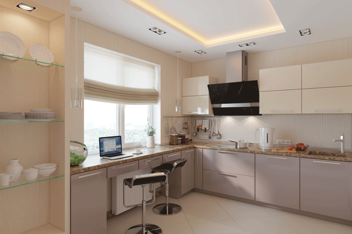 Дизайн большой и маленькой угловых кухонь со встроенной духовкой