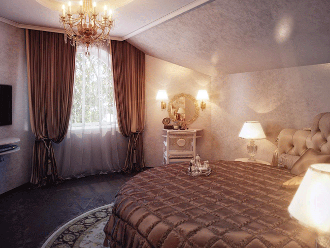 Спальня в классическом стиле с круглой кроватью и плотными шторами