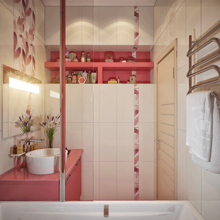 Дизайн розовой ванной, отделанной светлой керамической плиткой